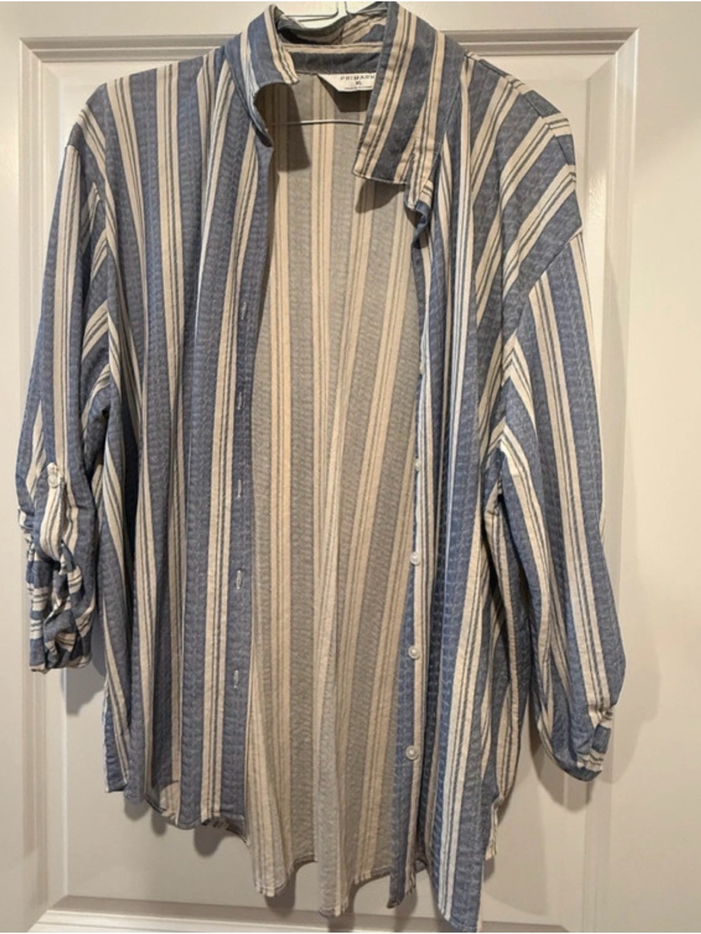 Striped Blue and Cream Lightweight Button-Up Jacket